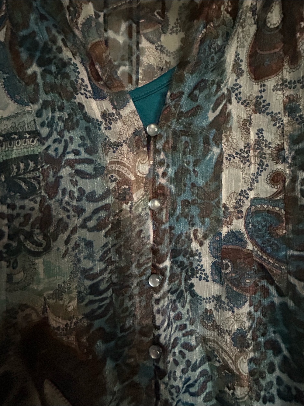 Dressbarn Sheer Paisley-Print Tunic Blouse in Teal and Brown - Picture 3 of 9
